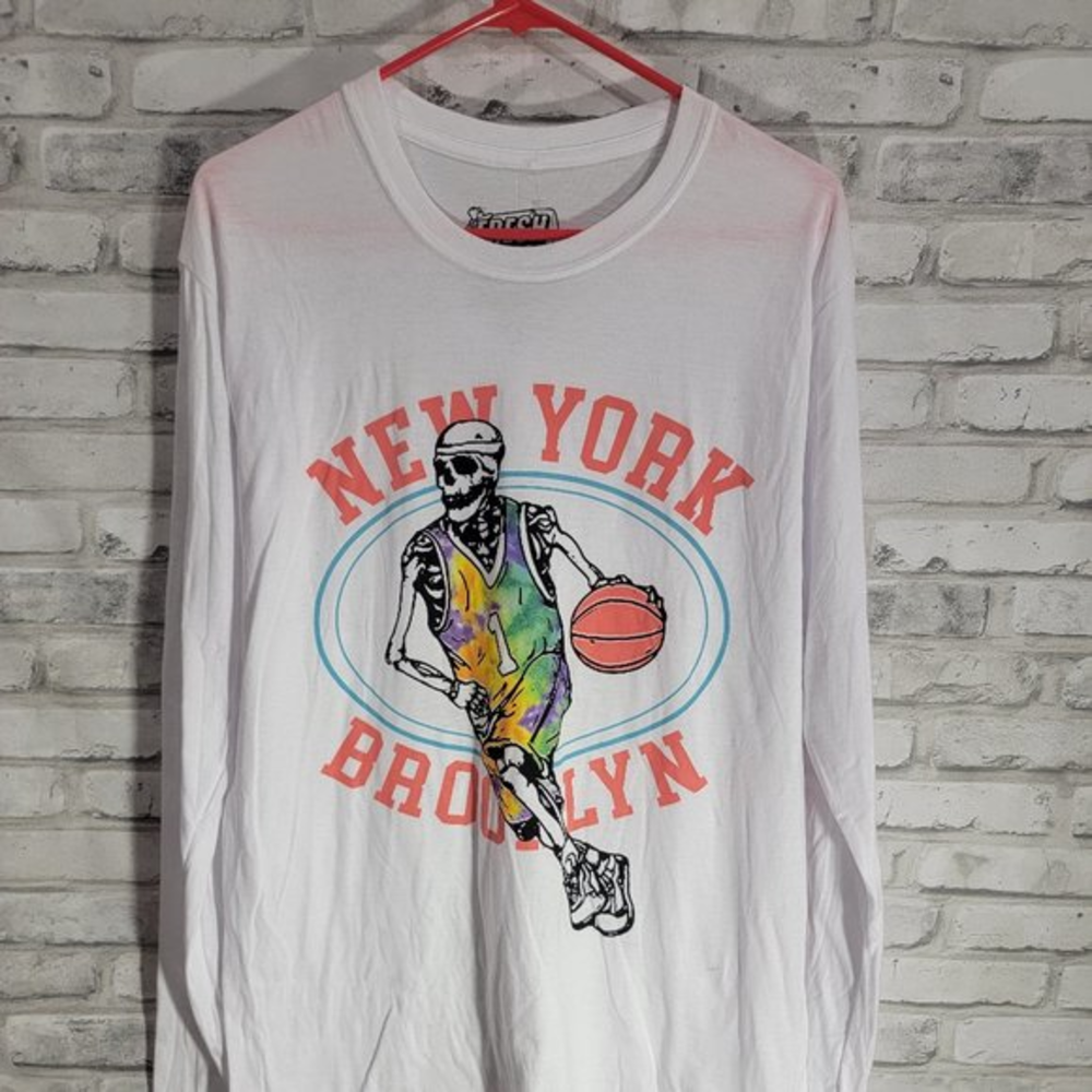 New York Brooklyn Mens Best White Long Sleeve Tee Shirt Fresh Laundry Sz‎ L NWOT